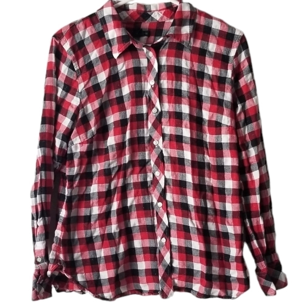 Talbots Classic Button Down Shirt Cotton Metallic Plaid Size M